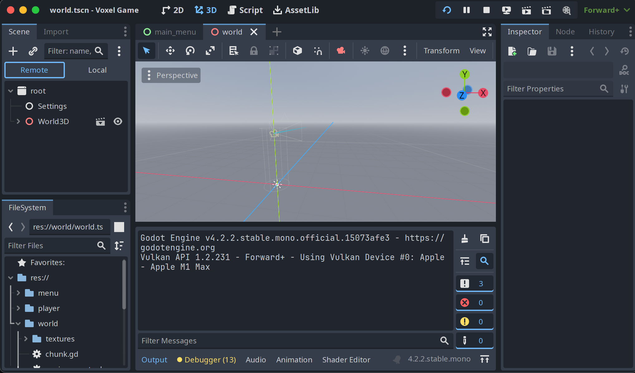 Voxel Game in the editor shows an empty scene.