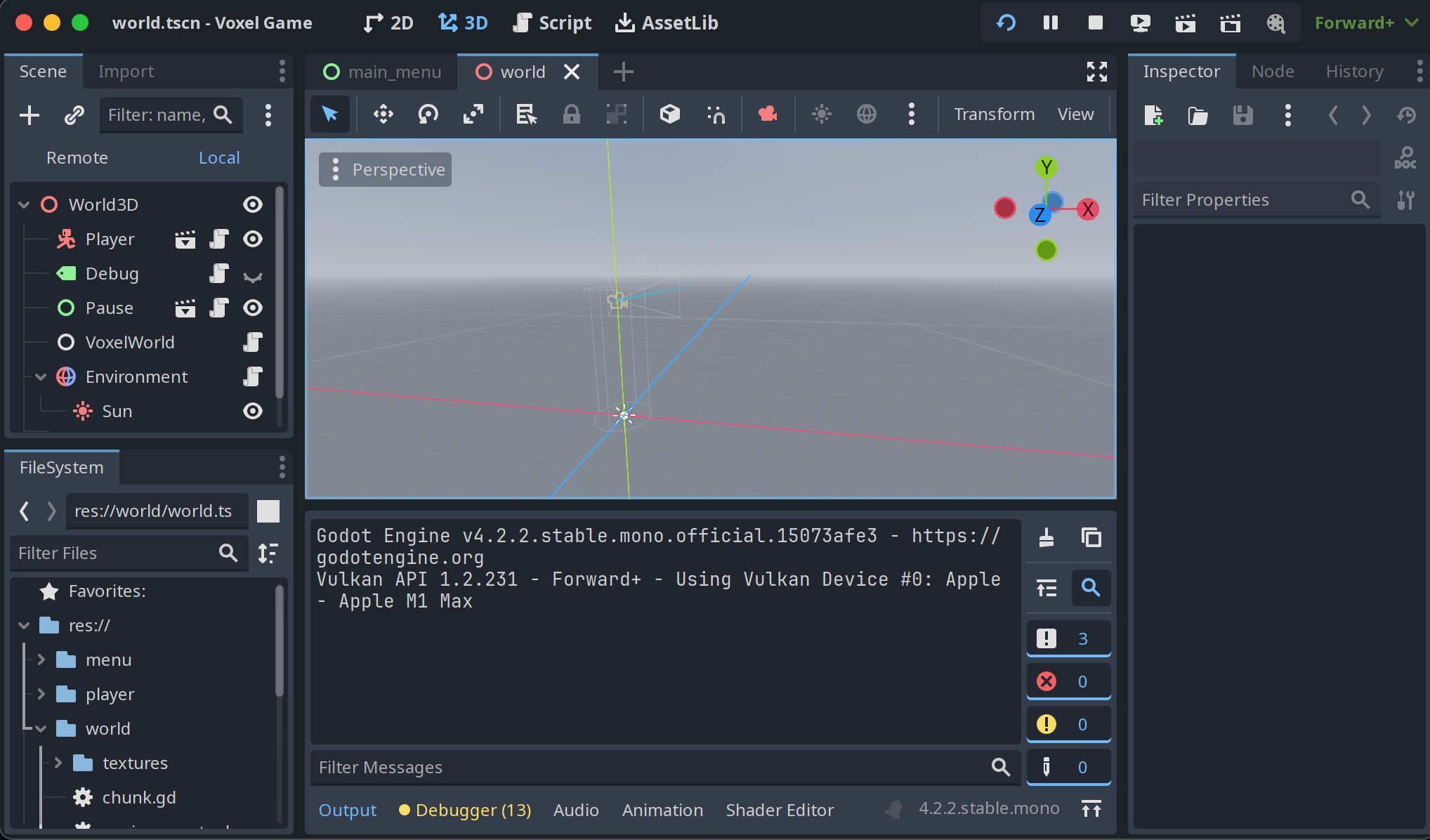 Voxel Game at runtime shows objects in the scene tree, but nothing in the scene view.